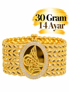 14 Ayar 4'lü Başak Burmalı Tuğralı Kelepçe Altın Bilezik | Gram aralığı: 29,30- 30 g