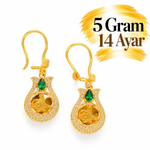 Tuğralı Lale Motifli Sallantılı Altın Küpe| Gram aralığı: 4,90 - 5,10 g